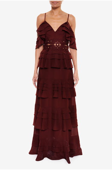 Olivia Burgundy Cold-Shoulder Tiered Ruffle Maxi-Dress