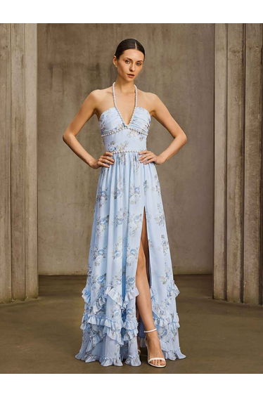 Fentho Plunge Neck Floral Maxi Dress In Baby Blue