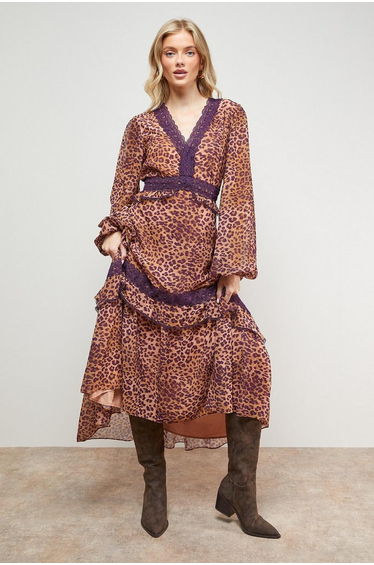 Printed Lace Detail Volume Boho Maxi Dress