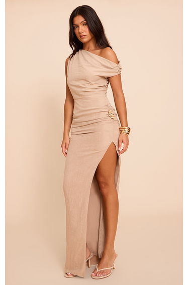 Tan Textured Asymmetric Bodycon Midaxi Dress