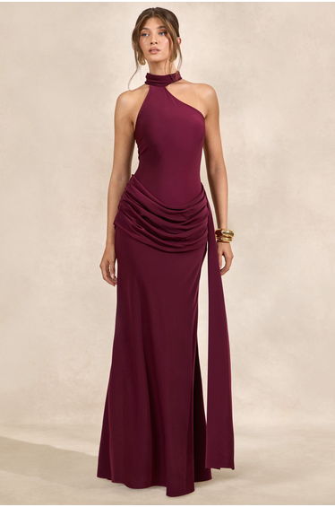 Aevina | Burgundy Satin Asymmetric-Neck Maxi Dress With Scarf-Detail