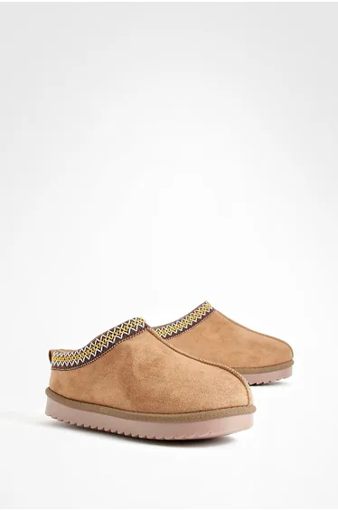 Embroidered  Slip On Cosy Mules - chestnut