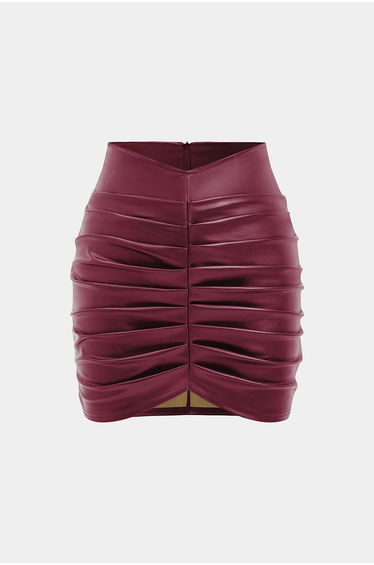 Solid Faux Leather Ruched Skirt