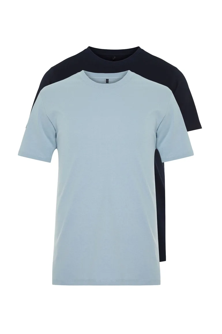 Navy Blue-Blue Men's Basic Slim Fit 100% Cotton 2-Pack Short Sleeved T-Shirt - 8