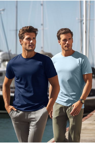Navy Blue-Blue Men's Basic Slim Fit 100% Cotton 2-Pack Short Sleeved T-Shirt