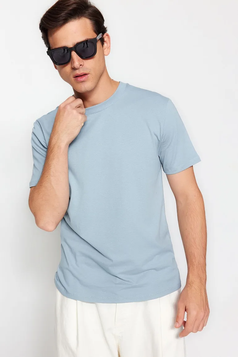 Navy Blue-Blue Men's Basic Slim Fit 100% Cotton 2-Pack Short Sleeved T-Shirt - 1