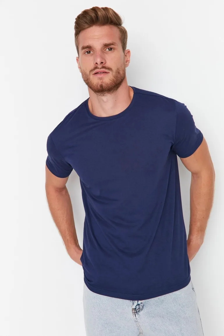 Navy Blue-Blue Men's Basic Slim Fit 100% Cotton 2-Pack Short Sleeved T-Shirt - 2