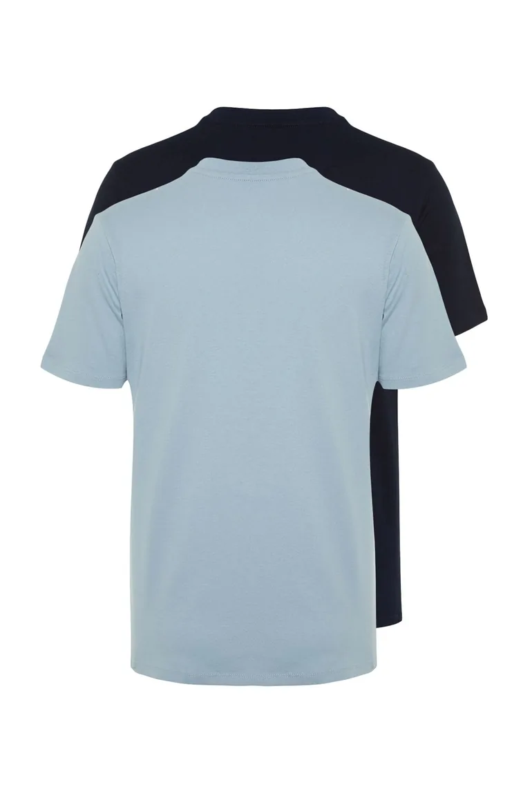 Navy Blue-Blue Men's Basic Slim Fit 100% Cotton 2-Pack Short Sleeved T-Shirt - 10