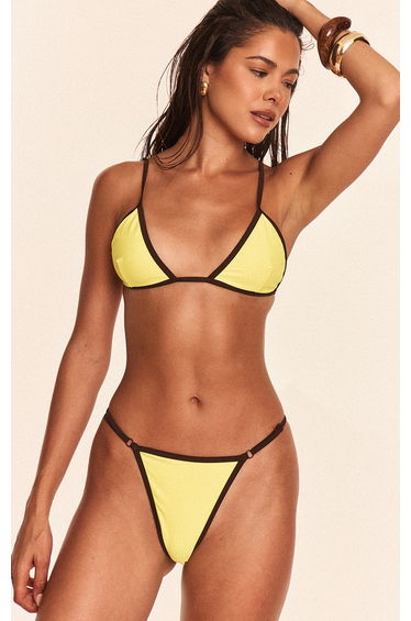 Yellow Contrast Binding String Tanga Bikini Bottom