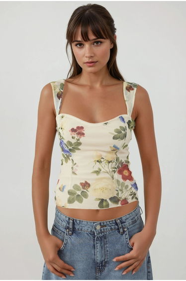 Heart Collar Printed Tulle Top