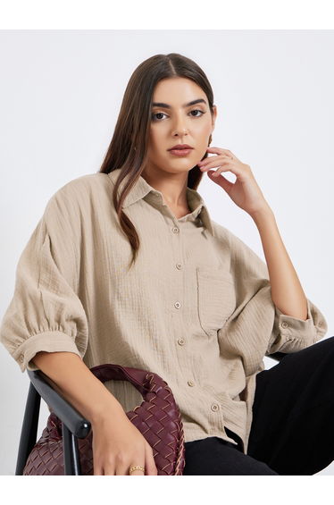 Women Beige Crinkled 3/4 Sleeve Shirt with Pocket Detail