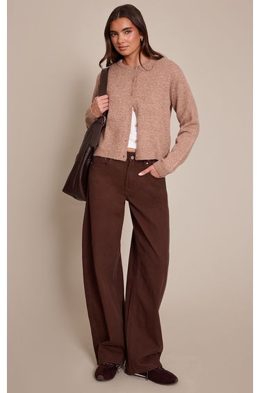 Camel Crew Neck Knit Cardigan