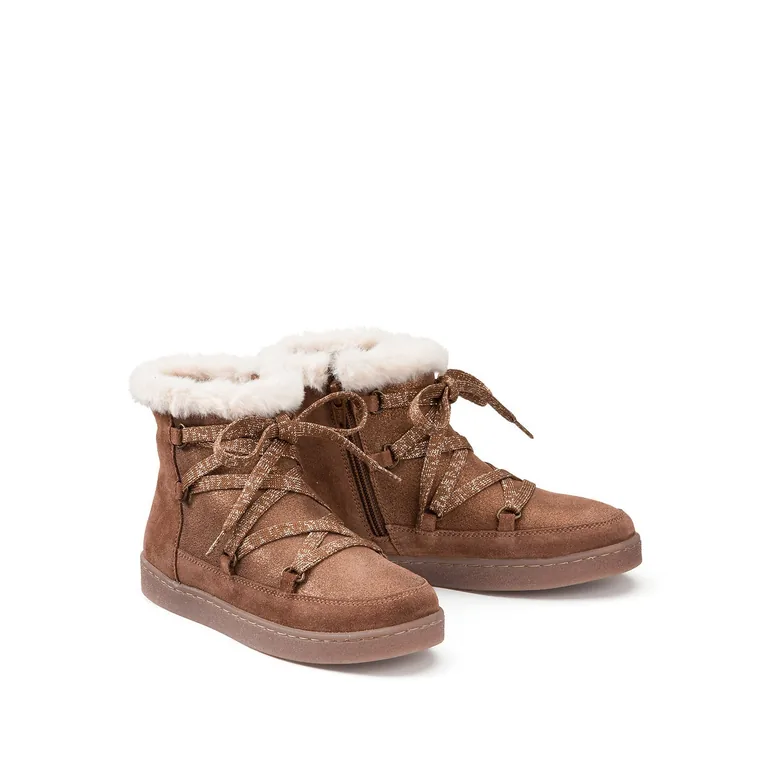 Kids Leather Ankle Boots with Faux Fur Lining - 1
