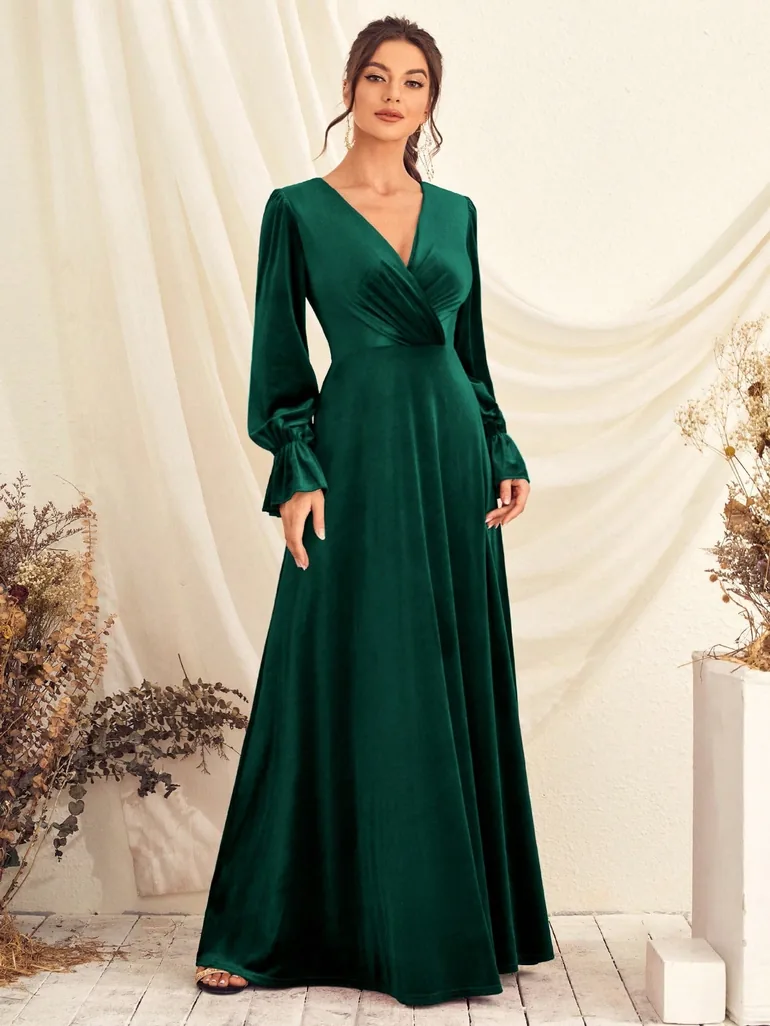 Leely Elegant V Neck Bishop Sleeve Evening Gown