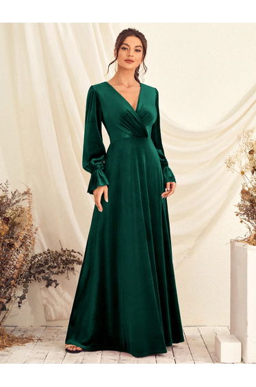 Leely Elegant V Neck Bishop Sleeve Evening Gown