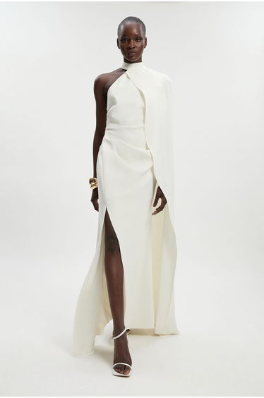 Petite Soft Tailored One Shoulder Cape Sleeve Maxi Dress