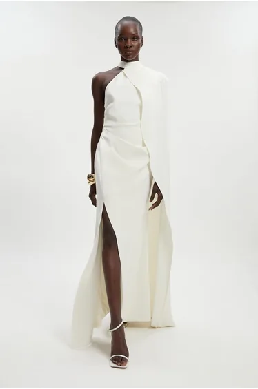 Petite Soft Tailored One Shoulder Cape Sleeve Maxi Dress