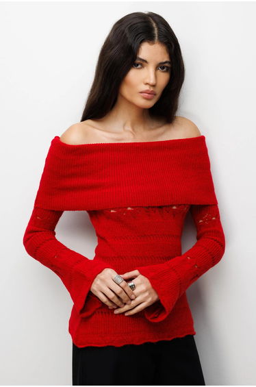 MIXRAY Off Shoulder Textured Ribbed Sweater with Cut Out Details