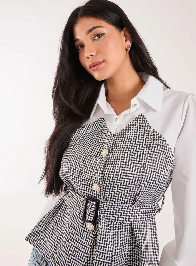 Cropped Checked Top With Undershirt - 2