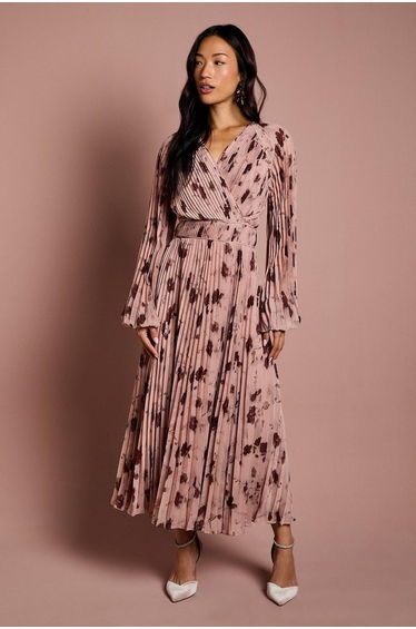 Long Sleeve Chiffon Pleated Wrap Midi Dress