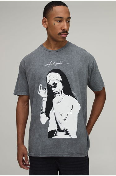 Oversized Washed Aaliyah License Print T-Shirt - washed charcoal