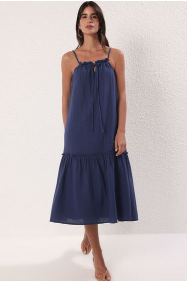 Indigo Wide Cut with Binding Detail Midi Muslin Woven Dress