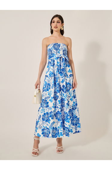 Floral Print Bandeau Neck A-Line Maxi Dress