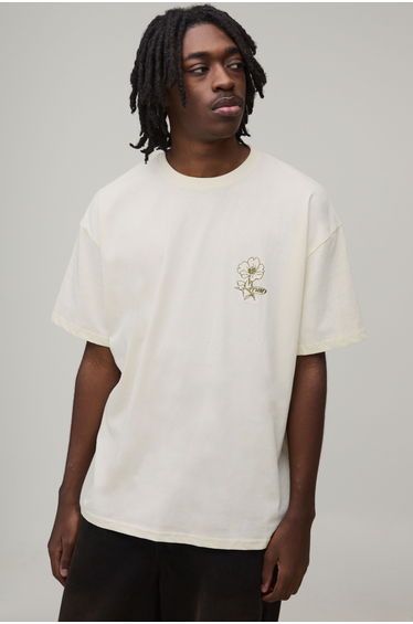 Ecru Oversized Boxy Floral Embroidered Extended Neck T-Shirt - ecru