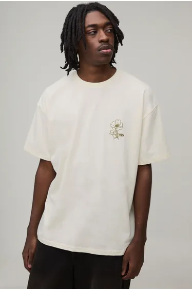 Ecru Oversized Boxy Floral Embroidered Extended Neck T-Shirt - ecru