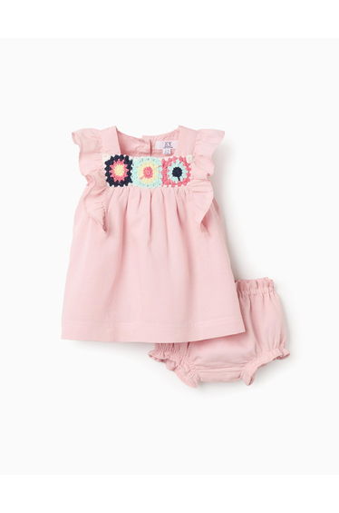 Dress And Bloomers In Cotton And Linen For Newborn Girls, Light Pink