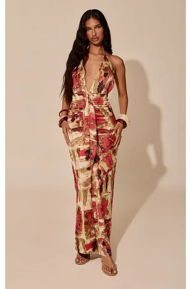 Cream Abstract Print Deep Plunge Drape Maxi Dress