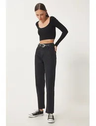 Women's Black Mid Waist Straight Jeans