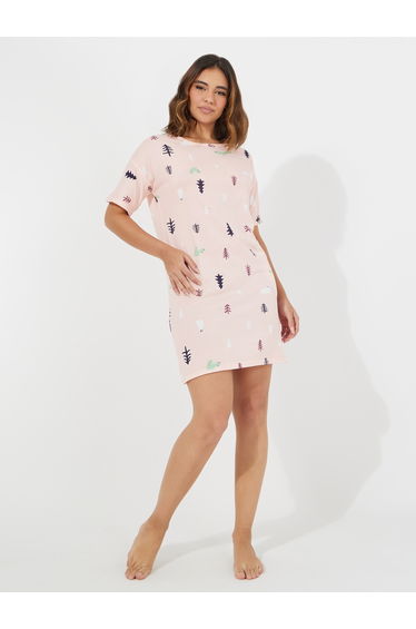 Graphic Print Sleep T-Shirt Dress with Side Pocket