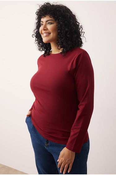 Burgundy Cotton Flexible Backless Fitted/Fits the Body Flexible Knit Plus Size Blouse