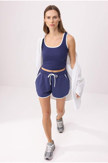 Navy Blue Ribbed Fitted/Fitted Fit Ribbed Stretch Knitted Top and Bottom Set with Pocket Detail