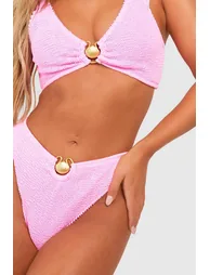 Shell Trim Crinkle Plunge Bikini Top - candy pink - 2