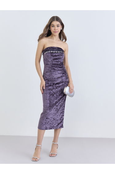 Women Embellished Bandeau Neck Sheath Midi Dress