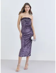 Women Embellished Bandeau Neck Sheath Midi Dress
