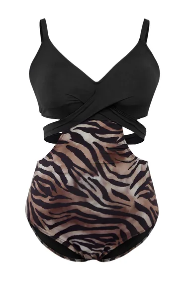Zebra Patterned Cut Out Detailed Back Tie Covered Plus Size Swimsuit