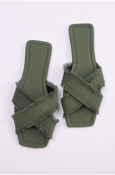Khaki Tassel Detailed Denim Cross Strap Women's Slippers