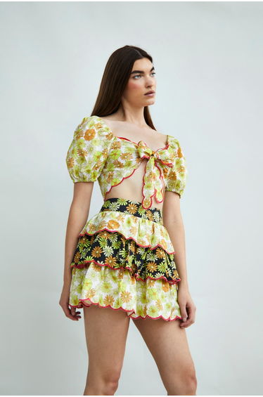 Glamorous Collection Tie Front Puff Sleeve Crop Top