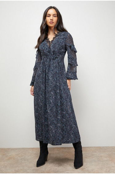 Printed Lace Detail Frill Sleeve Midi Dress