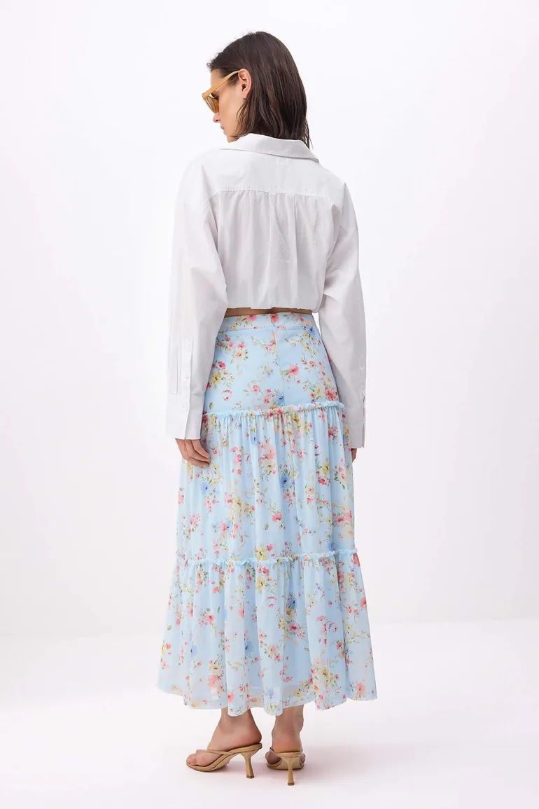 Light Blue Tulle Floral Print Skirt with Gathered/Draped Detail and Stretch - 3