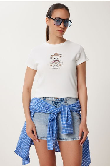 Women's Ecru Teddy Bear Printed Cotton Knitted T-Shirt