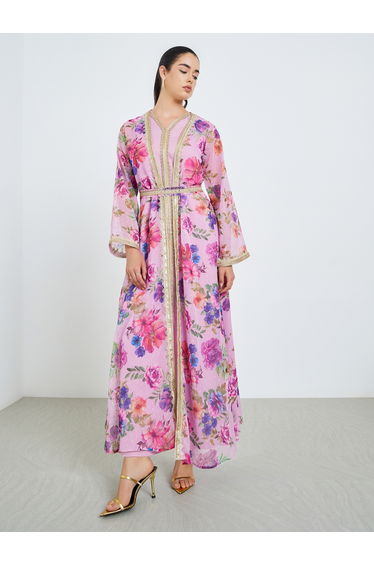 Women Pink Floral Lace Insert Kaftan