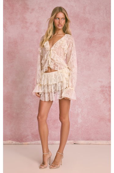 Cream Lace Ruffle Mini Skirt