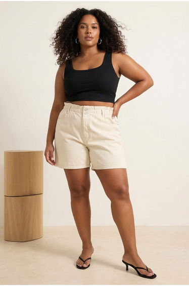 Beige Elastic High Waist Wide Cut 100% Cotton Plus Size Denim Shorts