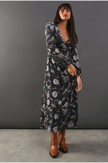 Premium Printed Devore V Neck Midaxi Tea Dress