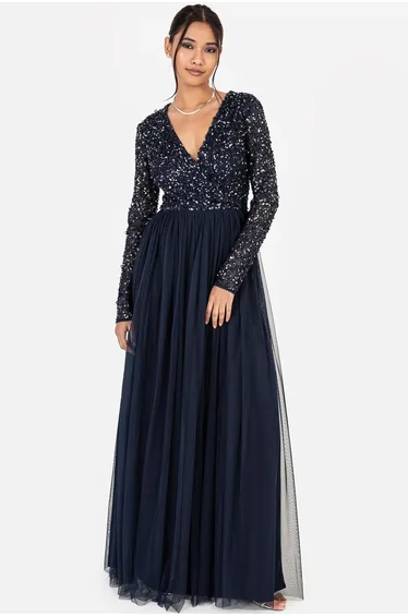 Maya Navy Faux Warp Front Embellished Maxi Dress