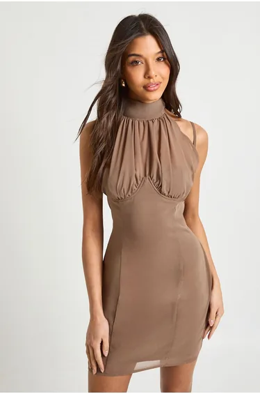 High Neck Ruched Cup Mini Dress - taupe